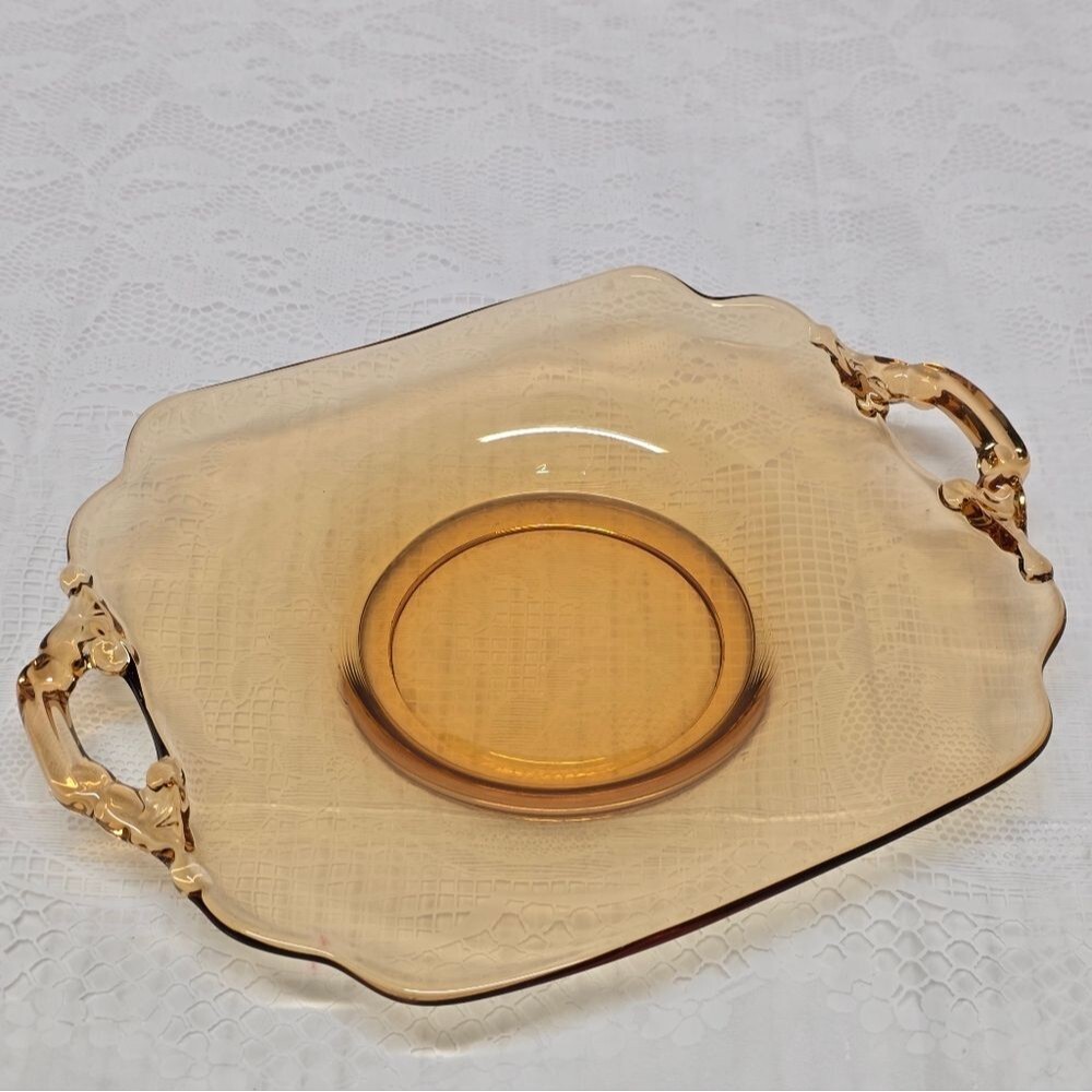 Vintage Cambridge Amber Depression Glass Handled Tray For Gravy Boat